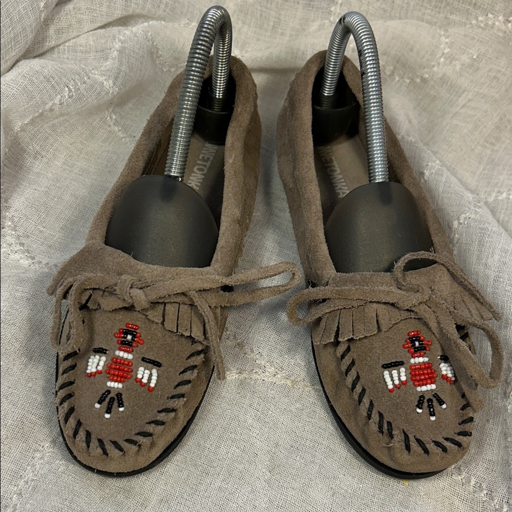 Minnetonka leather moccasins with gorgeous bird embroidery